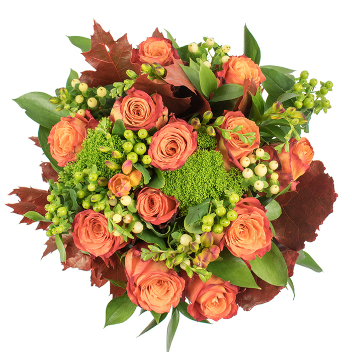 A top-down composition on a stark white background presents a richly detailed autumn bouquet that marries classic form with textured surprises. At the center sit numerous large, fully blown roses whose petals graduate from a soft warm orange at the heart to deeper coral and russet at the edges, producing a gentle ombré that evokes turning leaves. Interlaced among the roses are clusters of Hypericum berries-some lime-bright, others a delicate creamy-yellow-offering glossy, spherical accents against the matte petals. The arrangement's distinctive textural counterpoint comes from Green Trick dianthus: compact, moss-like tufts that read as verdant, almost architectural mounds. Lush green foliage provides a luxuriant backdrop while prominent, lobed leaves in deep burgundy and burnt sienna-reminiscent of oak or maple-are placed to reinforce the seasonal, harvest-driven palette. The bouquet is closely packed and circular, designed to be viewed as a single, abundant surface; diffuse light enhances petal sheen and berry gloss while creating soft shadows that add depth and dimension. The overall impression is one of warmth and abundance-an arrangement that suggests Thanksgiving tables and cosy interiors, and that echoes local autumn walks from Bowes Park towards Alexandra Palace and the green corridors of Palmers Green. Crafted with attention to balance and tactile contrast, this piece reads as both sophisticated and homely-ideal for a seasonal gift or a centrepiece that brings the colours of the neighbourhood indoors.